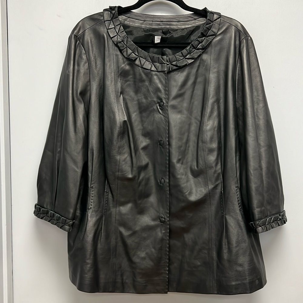Saks Fifth Avenue Black Leather Jacket Braided Trim Snap Front Oversized